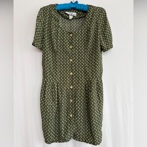 Vintage Green 80s Style Patterned Jonathan Martin Button-Up Dress